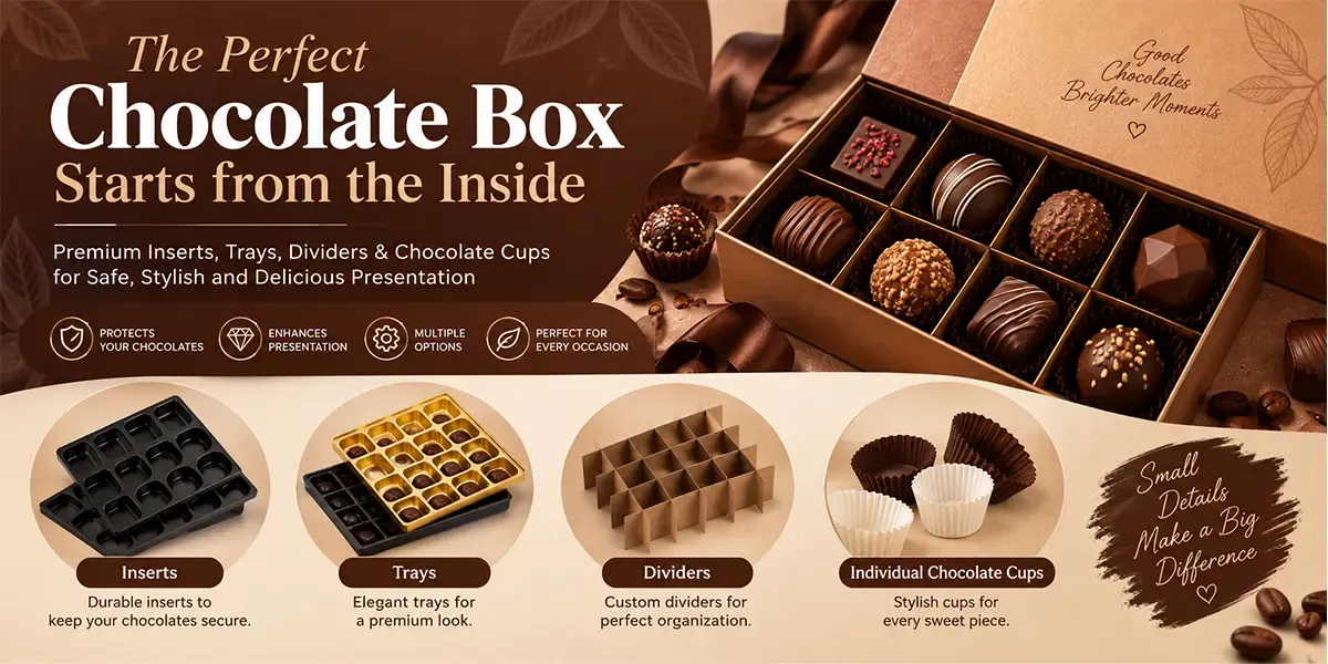 Chocolate boxes with inserts, trays, dividers, and individual chocolate cups